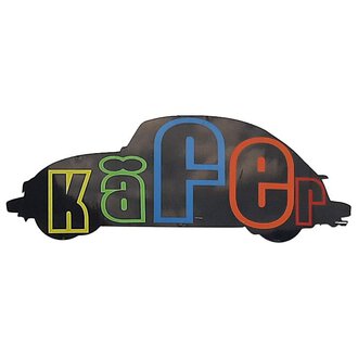A stylized beetle car with colorful letters that form the word "beetle." The silhouette of the car is kept clear and simple.