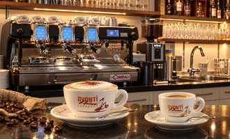 Eine moderne Espressomaschine steht auf der Theke einer Café-Bar. Vor ihr befinden sich zwei Tassen Kaffee, eine große mit Schaum und eine kleine.