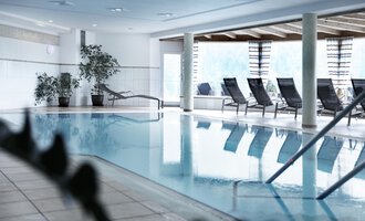 A bright indoor pool with loungers and plants. The room is designed to be modern and inviting. | © Hotel Birkenhöhe
