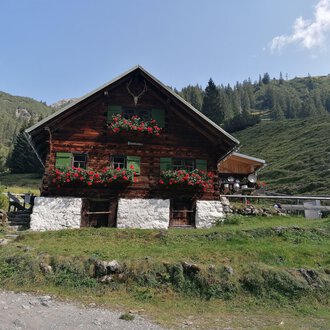 Ein rustikales Holzhaus umgeben von grünen Wiesen und Bergen. Blumenkästen mit bunten Blumen schmücken die Fenster. | © Fluchtalpe | N. Lughammer