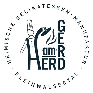 A stylized logo featuring a chef and the text "GEr am HERD". It represents a delicatessen manufacturing company in Kleinwalsertal.