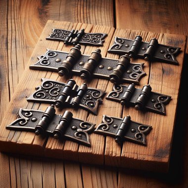 A collection of decorative hinges on a rustic wooden board. The hinges are arranged in various sizes and design variations. | © KI erstellt
