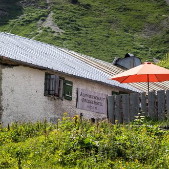 Eine charmante Almhütte mit einem roten Sonnenschirm im Grünen. Im Hintergrund sind sanfte Hügel und eine Berglandschaft zu sehen. | © Kleinwalsertal Tourismus | Andre Tappe