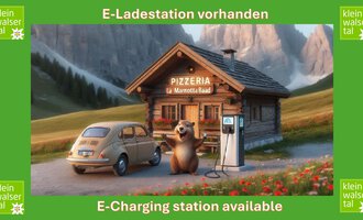 A rustic pizzeria in the mountains with an electric charging station. A bear stands next to an old car and draws the attention of passersby.