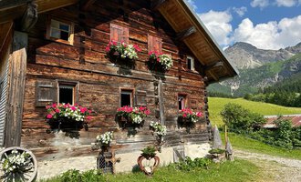 Ein traditionelles Holzhaus mit blühenden Fensterkästen. Im Hintergrund sind grüne Wiesen und Berge zu sehen. | © Untere Wiesalpe | Jennifer Opitz