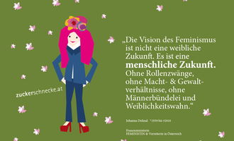 An illustrative depiction of a woman with colorful hair and a dress. Below is a quote about feminism and the human future.