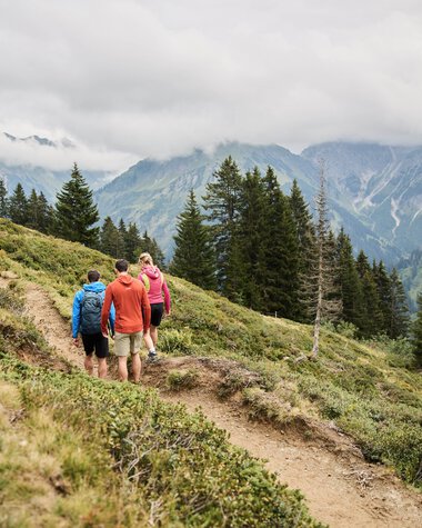 Group of hikers walking on a trail in the mountains, surrounded by pine trees and cloudy sky, in Kleinwalsertal. | © Kleinwalsertal Tourismus eGen • Photographer: Oliver Farys