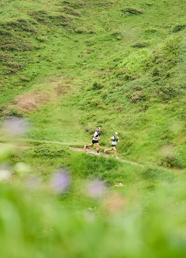 Two trail runners running on a narrow path through a lush green hilly landscape in Kleinwalsertal. | © Kleinwalsertal Tourismus eGen • Photographer: Oliver Farys