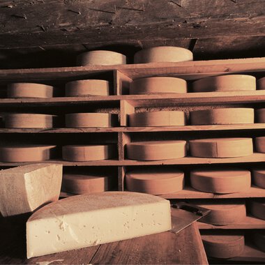 Cheese slices stored in a cellar with a large cheese wheel in the foreground. | © Kleinwalsertal Tourismus eGen • Photographer: Hans Wiesenhofer