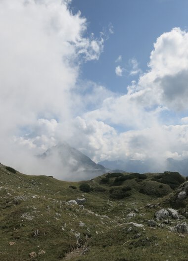 Mountain landscape with green hills and clouds in the sky, background mountains. | © Kleinwalsertal Tourismus eGen • Photographer: Antje Pabst