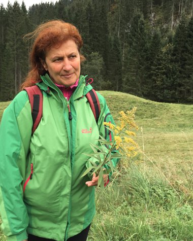 Woman in a green jacket walking in nature, surrounded by meadows and trees in Kleinwalsertal. | © Kleinwalsertal Tourismus eGen