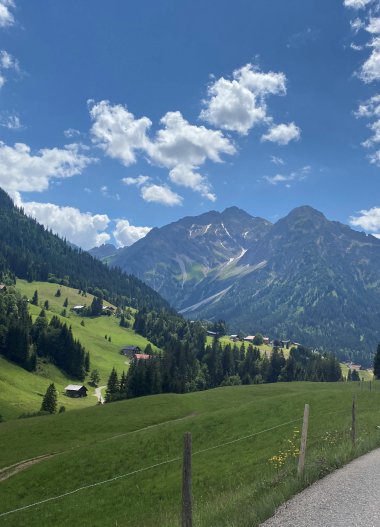 Scenic landscape with green hills, trees, mountains, and a blue sky with clouds. | © Kleinwalsertal Tourismus eGen
