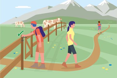 Two hikers walking along a mountain trail, with a hut in the background, following safety and conservation guidelines in nature area. | © Bundesministerium für Nachhaltigkeit und Tourismus